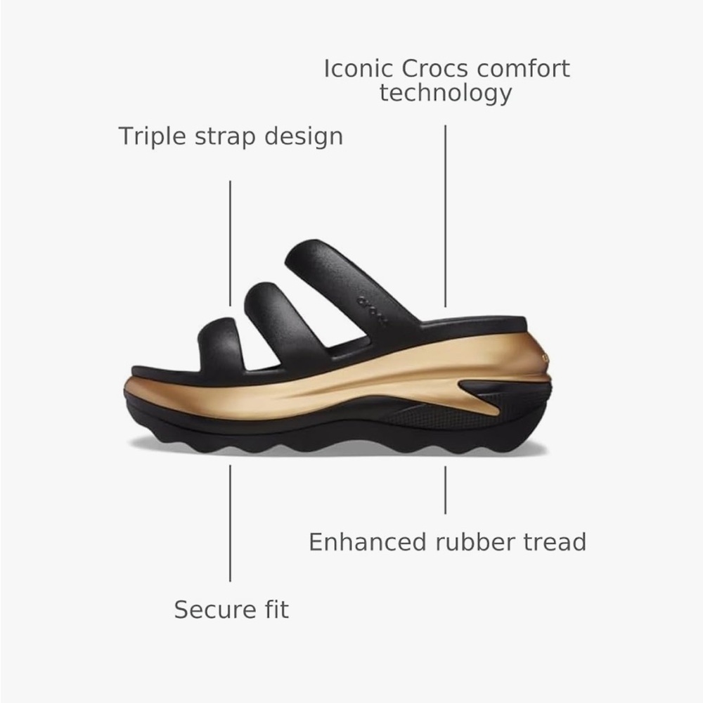 CROCS Mega Crush Black Gold Triple Strap Platform Sandal Women's Size 8 NWOB - Picture 5 of 5